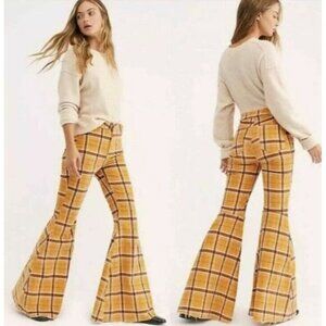 Free People Mustard Yellow Plaid Flare Pants